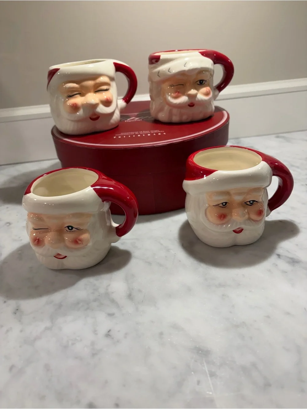 New in Box Pottery Barn Holiday Santa Figural Ceramic 4 Mug Set -